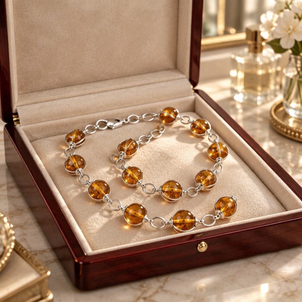 Amber Glass Bead Silver Chain Necklace